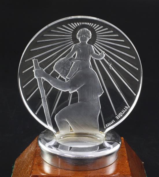 Sainte-Christophe/St. Christopher. A post war glass mascot by René Lalique, introduced on 1/3/1928, No.1142 height with ring 12cm. over